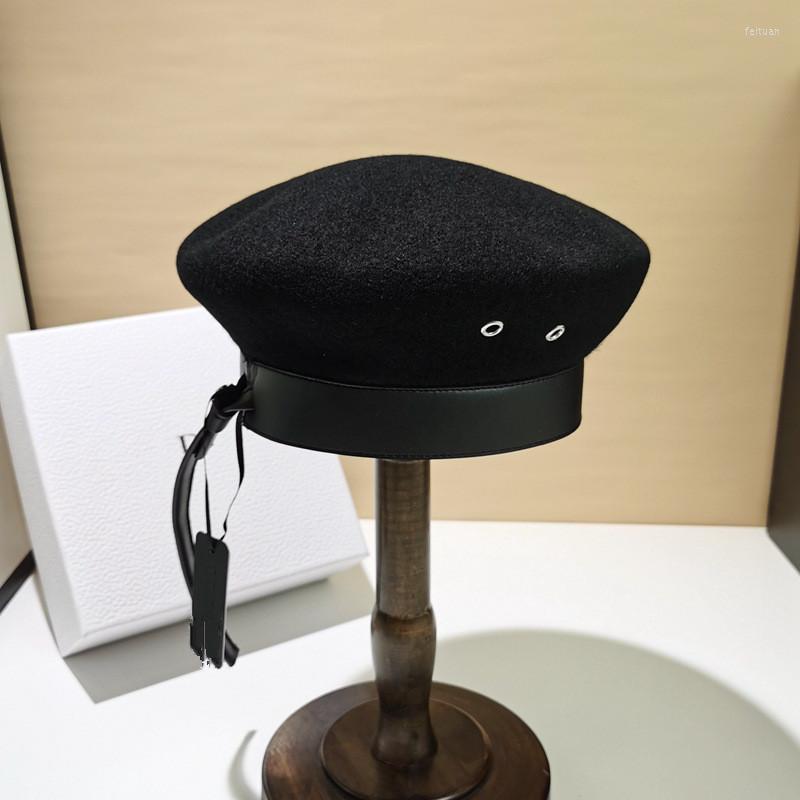 

Berets 202308-wei Autumn Winter Wool Naval Style Pu Brim Fashion Street Lady Beret Hat Men Women Leisure Painter, Black