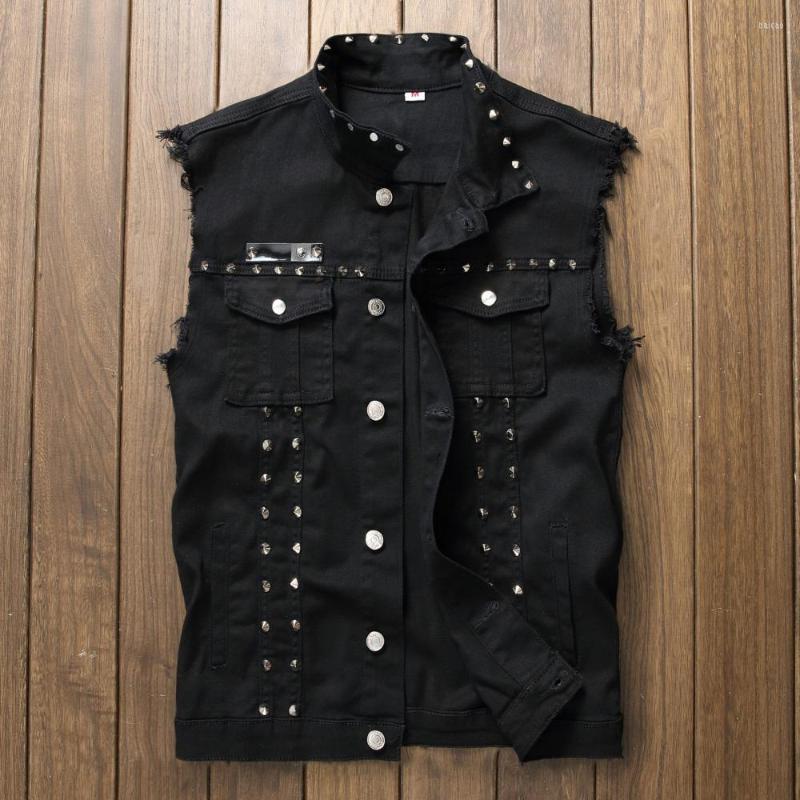 

Men's Vests Punk Style Mens Red Black White Hip Hop Rivet Jean Biker Vest Men Cowboy Slim Fit Waistcoat Sleeveless Denim Jacket Streetwear