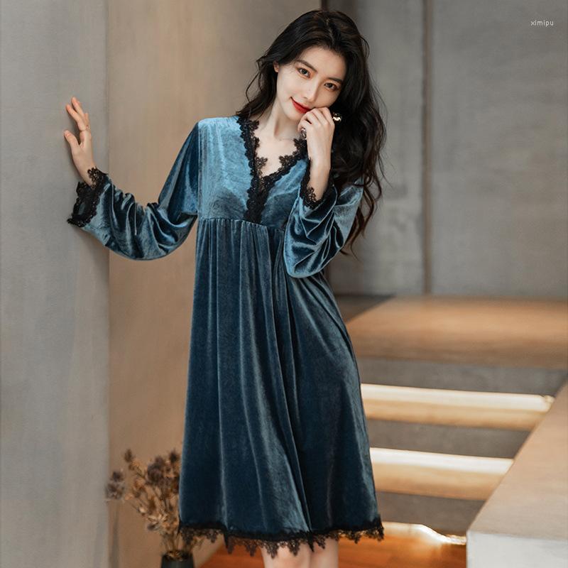 

Women's Sleepwear Lace Trim Velour Nightgown Female Autumn Full Sleeve Sexy V-Neck Nightdress Loose Homewear Winter Casual Nightwear, Gray