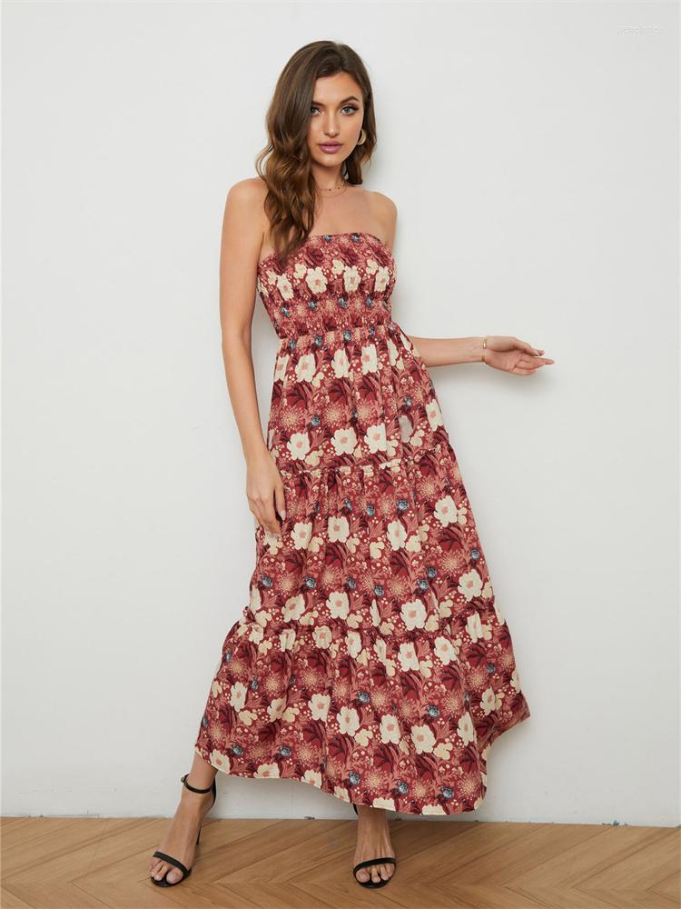 

Casual Dresses Chiffon Breast Wrapping Dress Women 2023 Summer Fashion Temperament Sweet Beach Sexy, Flower color