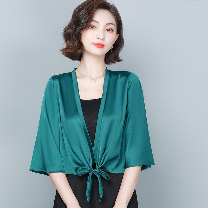 

Women's Blouses Women Large Size Shirt Real Silk Soft Blouse Elegant Half Lantern Sleeve Cardigan Lady Formal Business Bolero Cloak Shawl, Green