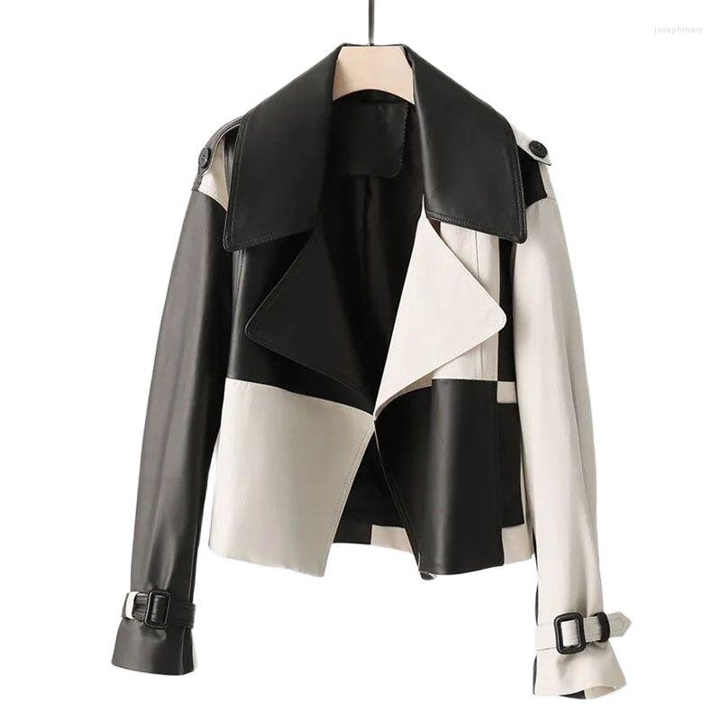 

Women's Leather High-End Black White Check Splice Jacket Women's Coat Tops 2023 Spring Autumn Korean Casual PU Pi Street, Picture