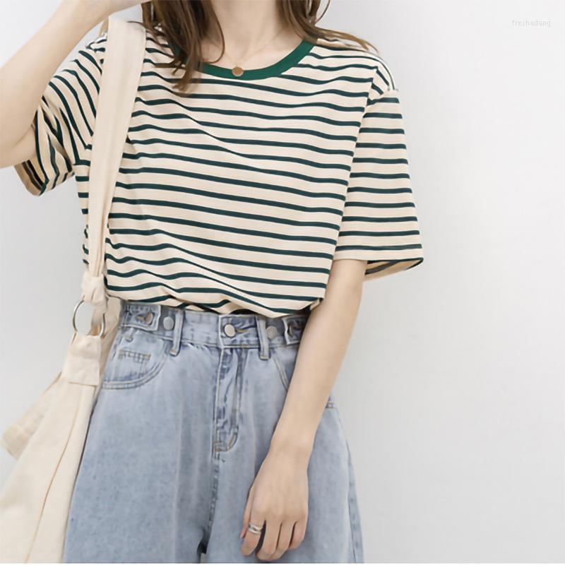 

Women's T Shirts Short Sleeve Cotton T-shirt Women's Summer Thin Model Loose Striped Female Clothes Tops, 965 yellow