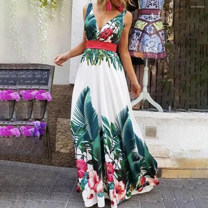 

Casual Dresses Women Dress Lady Summer Holiday Floral Print Beach Boho Maxi V-Neck Evening Party Sundress Sleeveless High Waist Clothing, Green