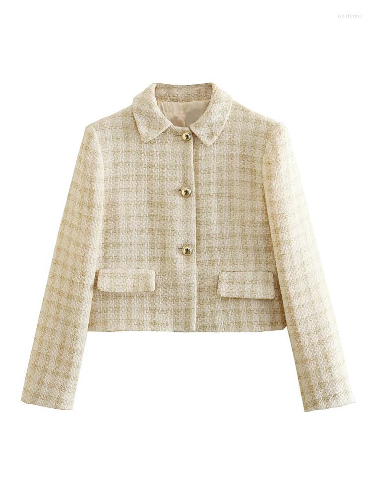 

Women' Tracksuits Women 2023 Single Breasted Cropped Tweed Blazer Coat Vintage Long Sleeve Pockets Female Outerwear Chic High Waist Shorts, Picture2