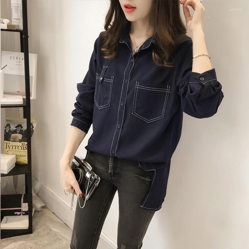 

Women's Blouses Chiffon Shirt For Women Summer 2023 In Solid Casual Loose Korean Faux Denim Long Sleeve Large Top Turn-down Collar, White