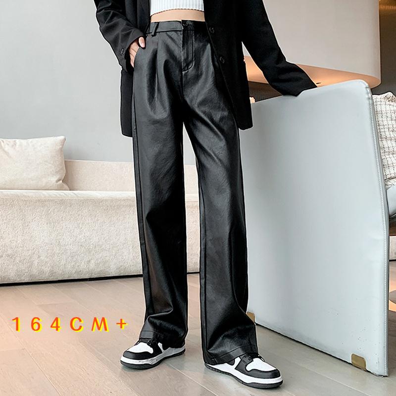

Women's Pants & Capris Autumn Winter Women Pu Leather Pant Casual Black High Waist Straight Suit Female Office Lady Wide Leg Mujer Pantalon, Black regular