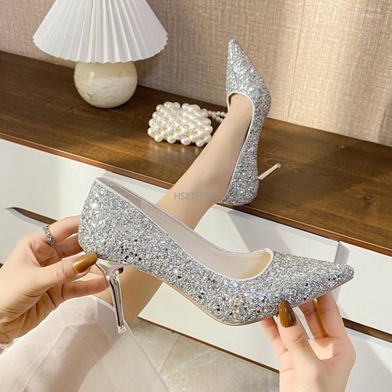 

Dress Shoes Pointed High Heels Women 2023 Wild Stiletto Spring Sequin Crystal Bridesmaid Shallow Mouth Wedding, Gold