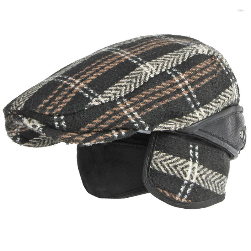 

Berets HT3986 Beret Thick Warm Autumn Winter Hat Caps For Men Plaid Ivy Sboy Flat Cap Male Earflap Retro, Black