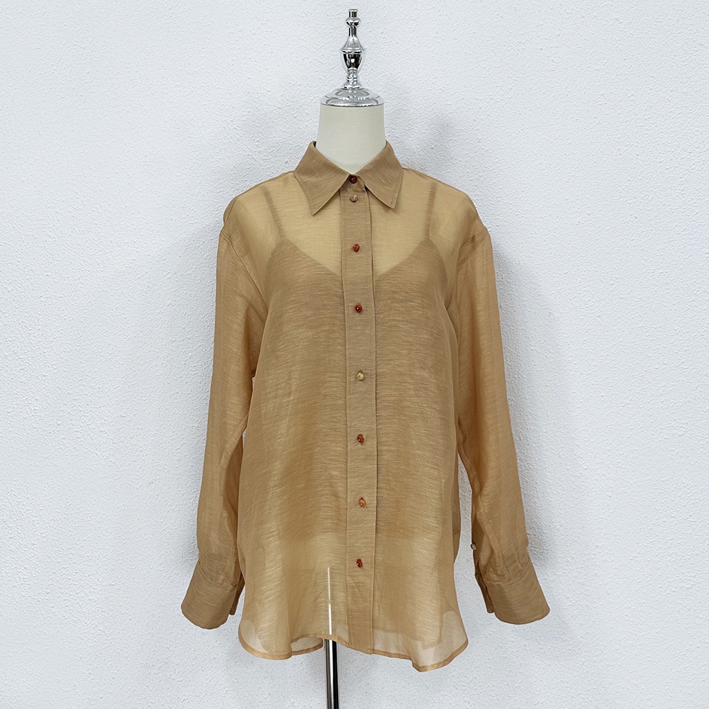 

Women's Blouses & Shirts 2023 Australian trendy Tama series silk organza long sleeved shirts 01, Khaki