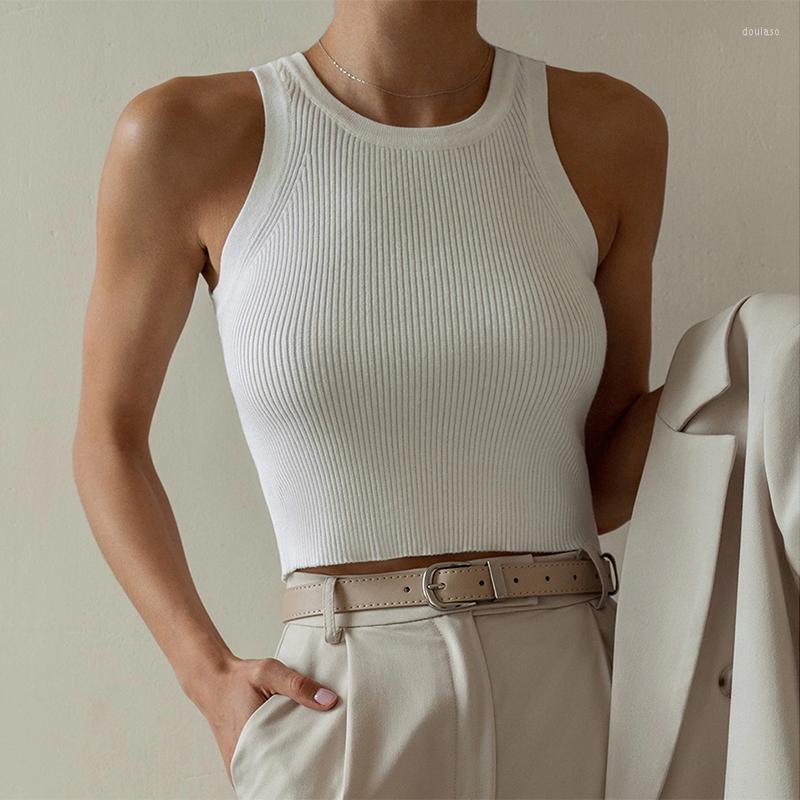 

Women's Tanks Summer Knitted Tank Tops Women Casual Crop Sexy Girls Suspender Vest O-neck OL Slim Ribber Sleeveless T Shirts, White