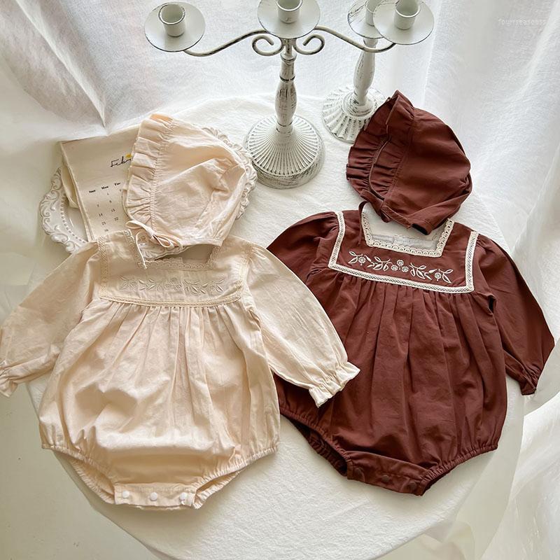 

Rompers Toddler Baby Girls Romper Hat Lace Stitching Floral Embroidery Infant Jumpsuit Autumn Spring Clothing, K2468 white