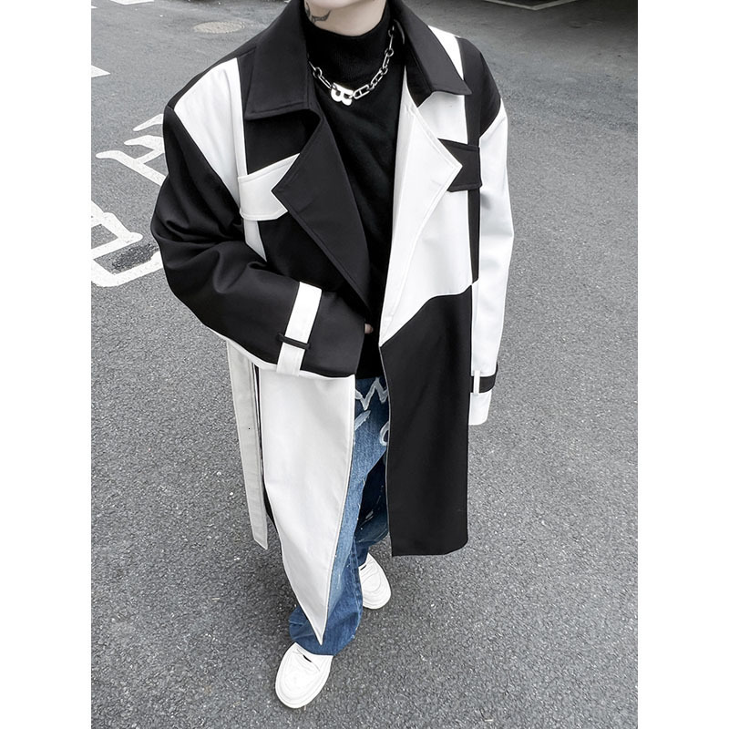 

Men's Trench Coats Net Celebrity Streetwear Fashion Black White Splice Loose Casual Long Jacket Windbreaker Coat Male Stage Clothing 230413, Beige