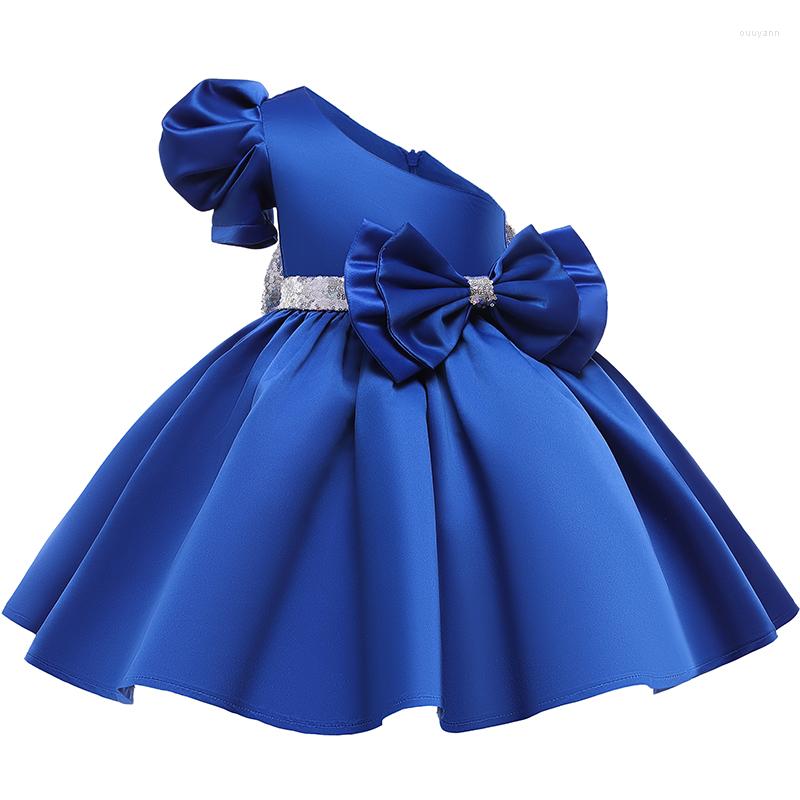 

Girl Dresses Puff Sleeve Slanted Shoulder Princess Dress Flower Wedding Elegant Bridesmaid Child Bow Evening Communion Costume, Purple