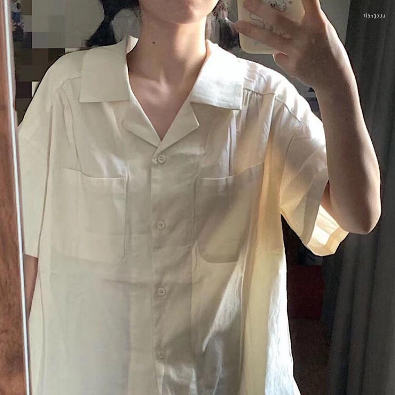 

Women' Blouses QWEEK Vintage Japanese Women' Cotton Shirt Harajuku Fashion Preppy Chic Oversized Short Sleeve Kawaii Top Korean Summer, Beige