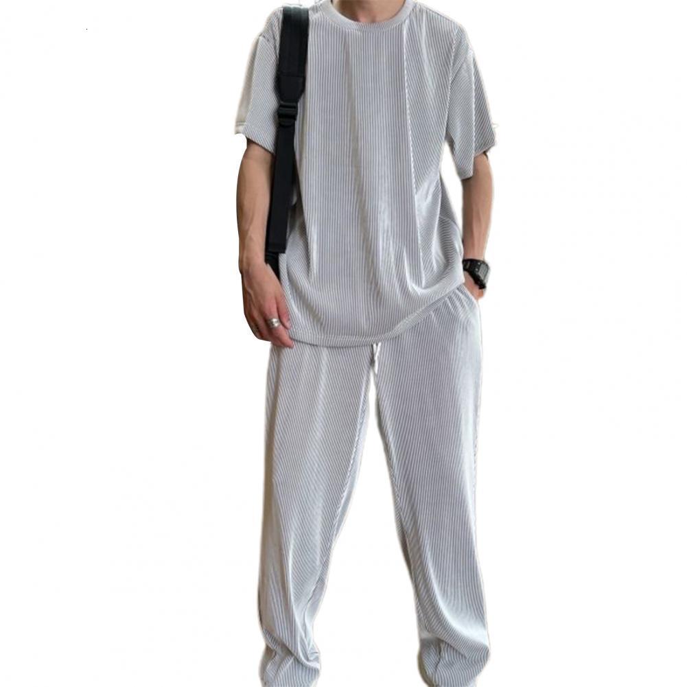 

Men's Tracksuits Summer 2 Piece Set Men's Clothing 1 Set Top Pants Solid Color Loose Summer Crew Neck Draping Outfit for Office Tracksuits 230413, White