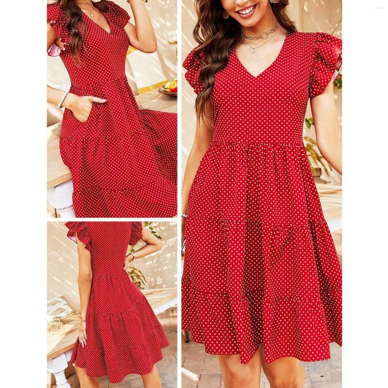 

Casual Dresses Summer V Neck Sleeveless MIDI Skirt Sexy Wave Dot Dress Female Tummy Hiding For Women Short, Red