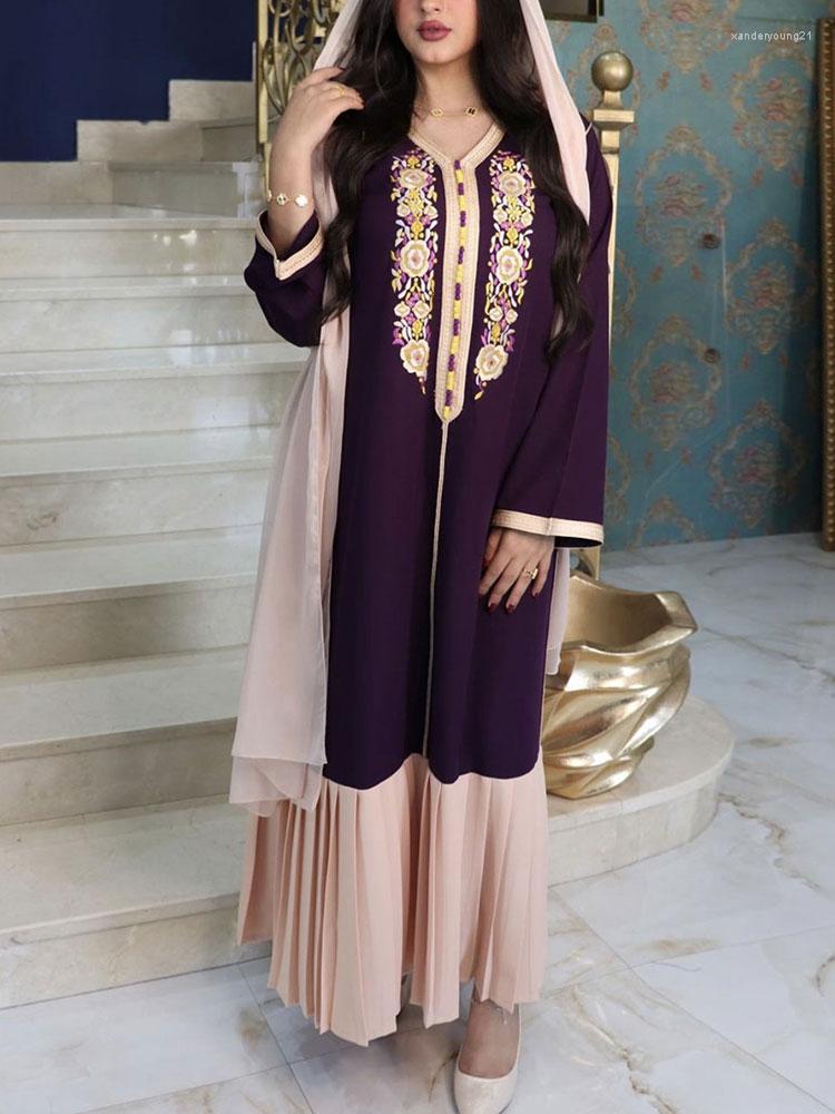 

Ethnic Clothing Embroidery Arabic Long Dress Jalabiya Moroccan Caftan Pleated Patchwork Abayas Women Dubai Muslim Modest Robe Ramadan Eid