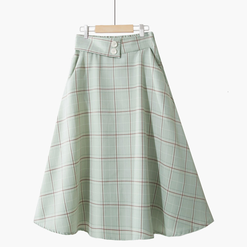 

Skirts Summer Y2k 90s 2000s Aesthetic Korean Preppy High Waist Zipper Button Pink Plaid Kawaii Vintage Harajuku Midi Skirts Women 230413, Green plaid