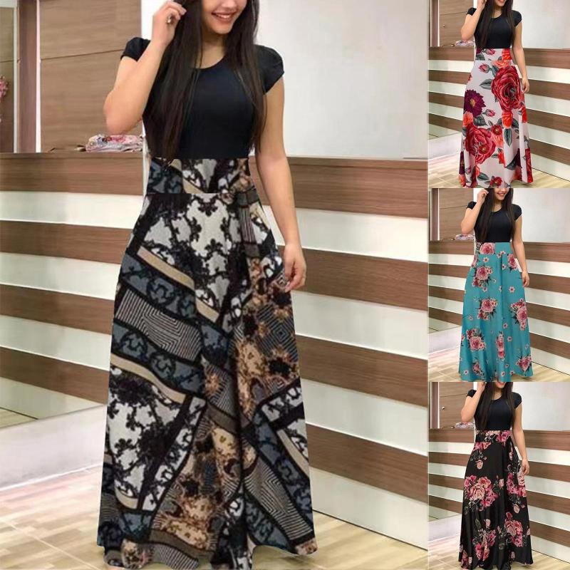

Casual Dresses Women's Floral Print Splice Long Dress Summer Short Sleeve O-Neck High Waist Robe Sexy Woman Boho Maxi 2023, Green-d