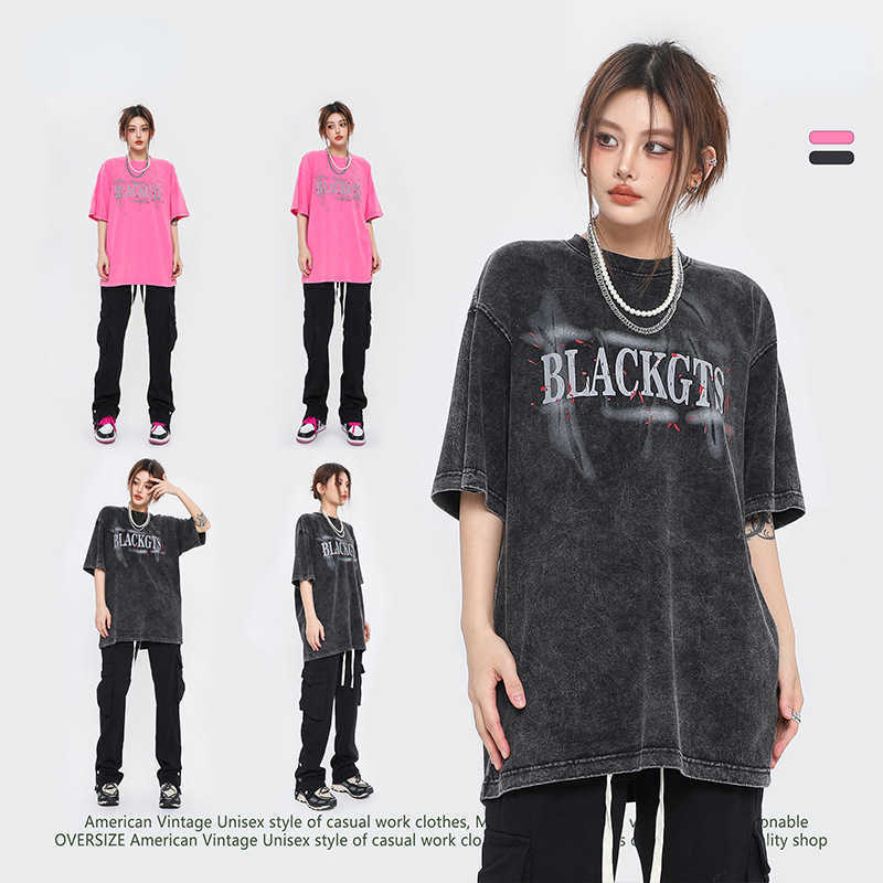 

2023 new American high street letters printed washed T-shirt neutral loose cotton half-sleeve tops, Black