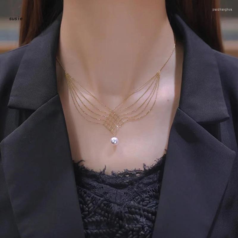 

Chains X7YA Multi-Layer Chain Chokers Pearl Pendant Necklaces Women Party Jewelry