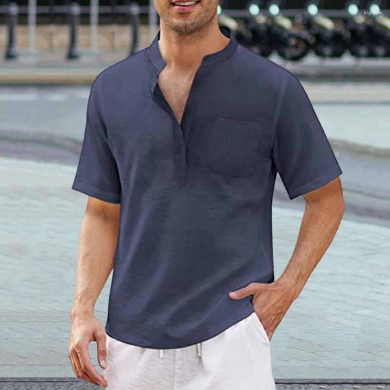 

Men' T Shirts Men Summer Shirt Simple Short Sleeves Pocket Top Solid Color Stand Collar Loose Mid Length Male T-shirt For Daily, Black