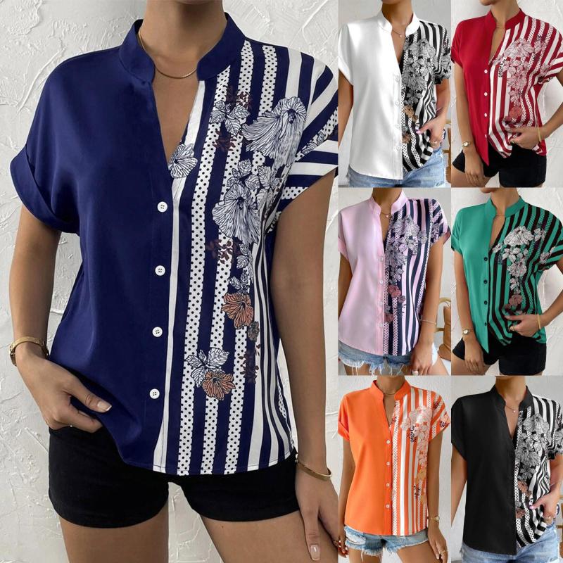 

Women's Blouses Women's Clothing Summer Double Contrast Flower Button Cardigan Short Sleeved Shirt Top, Blue