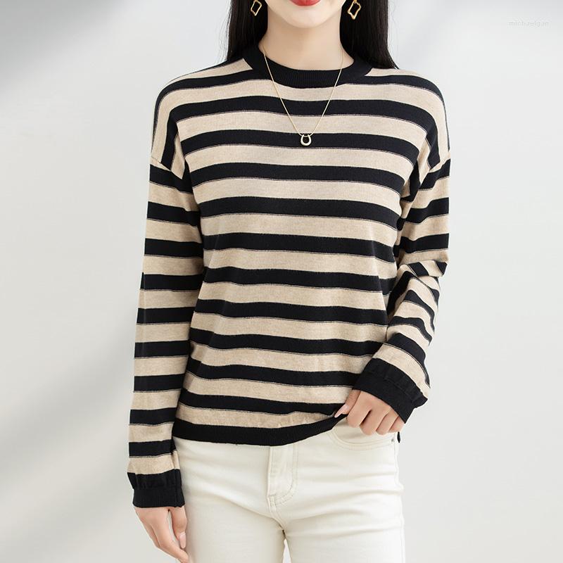 

Women' Sweaters Spring And Autumn Women' Contrast Color Round Neck Pullover Long Sleeve Sweater Fashion Stripe Knitted Casual Top, Black