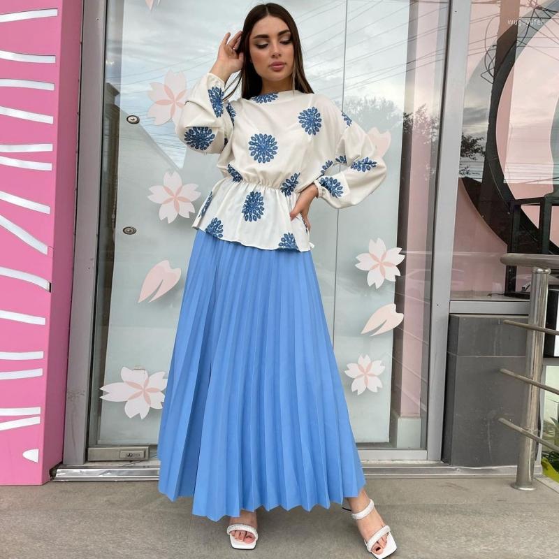 

Ethnic Clothing 2 Pieces Set African Spring Fashion Women Sets 2023 Female Tops Floral Print Long Sleeve Shirt Elastic Waist Skirts Suits