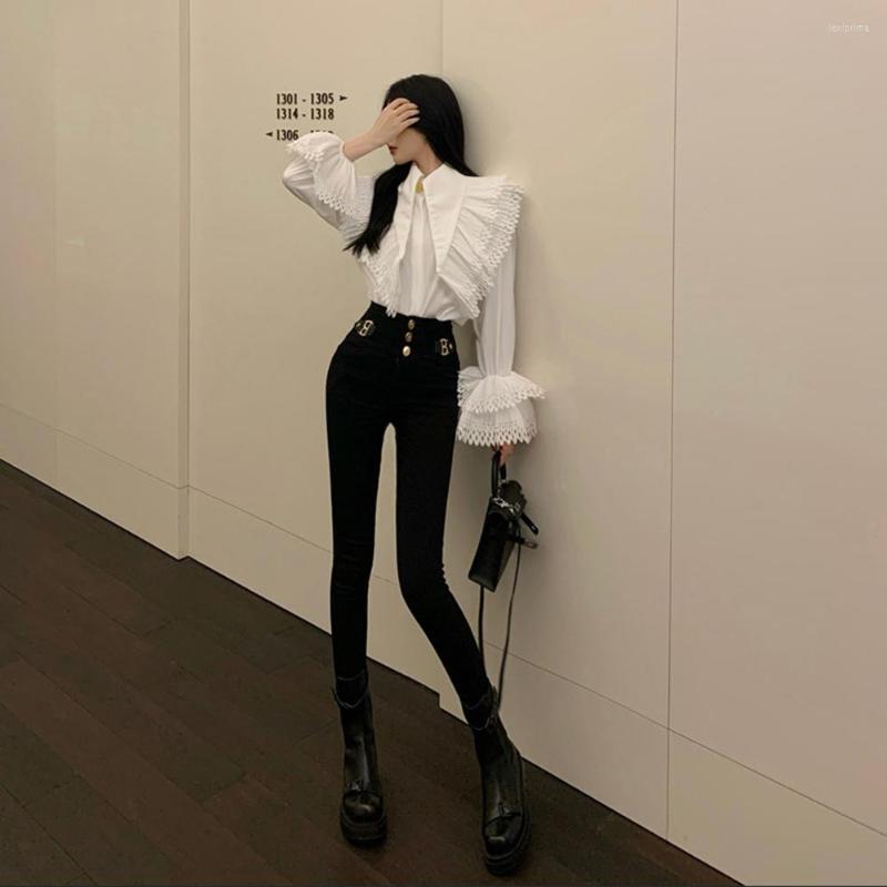 

Women's Blouses Spring Fashion Korean Chic Lace Ruffled Women Autumn Sweet Loose Clothes Stand Collat Ladies Vintage Shirts, White