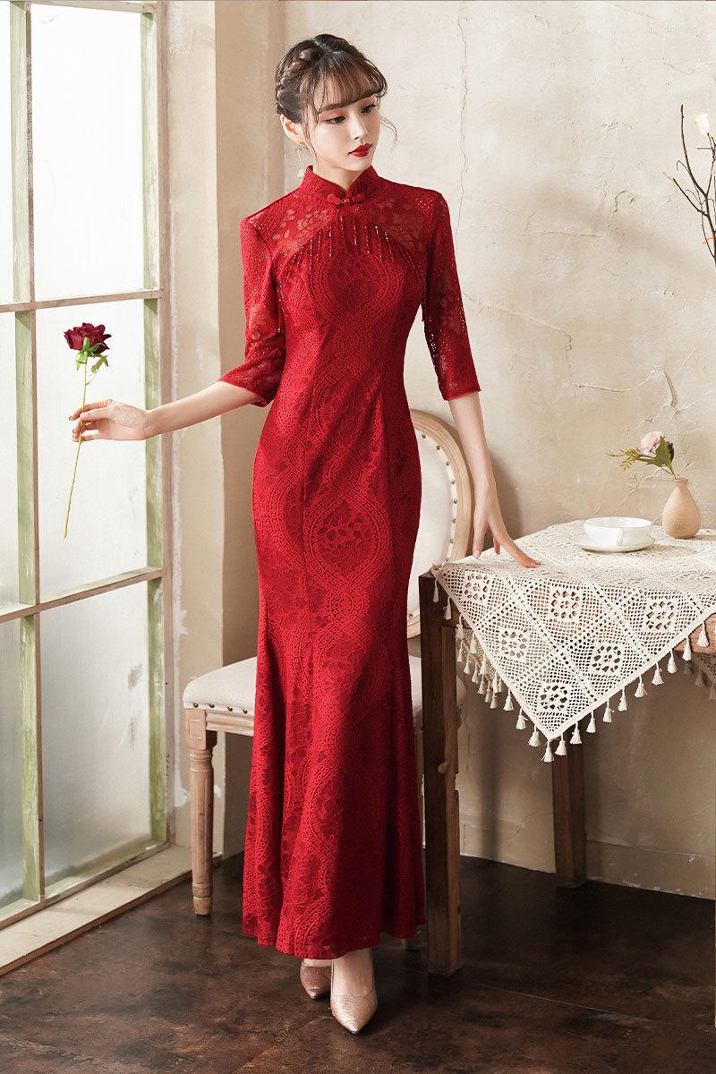 

Ethnic Clothing Bridal Wedding Chinese Qipao Dress Lace Mandarin Collar Cheongsam Formal Party Elegant Celebrity Evening Banquet Dresses