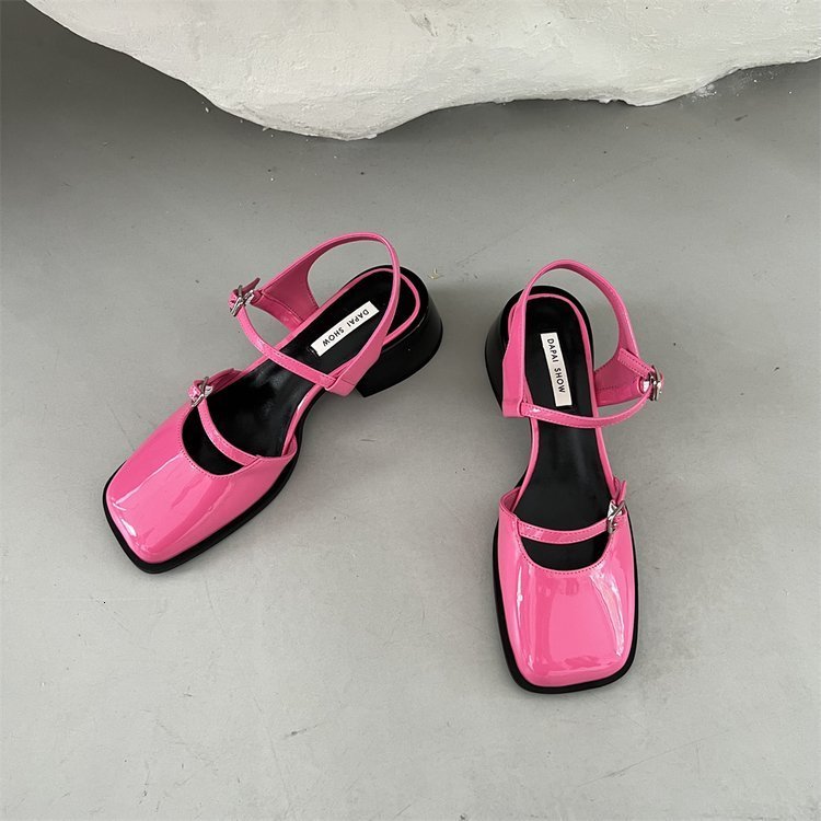 

Dress Shoes Vintage Women's Red Sandals Summer Square Toe Shoes Women's Buckle Solid Color est Wedding Party High Heels Women's 230413, Pink