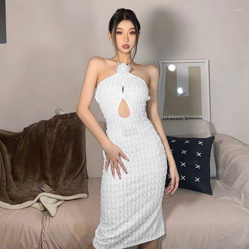 

Casual Dresses 3D Flower Sexy Halter Hollow Out Summer Dress Women 2023 Black White Backless Slim Bodycon Y2K Party Tube Midi Vestido