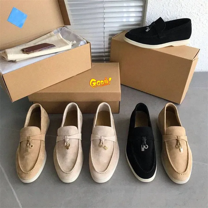 

mens Womens fashion Casual shoes loro piana Suede loafers Designer Classic buckle round toes Flat heel Rubber platform Leisure comfort Four