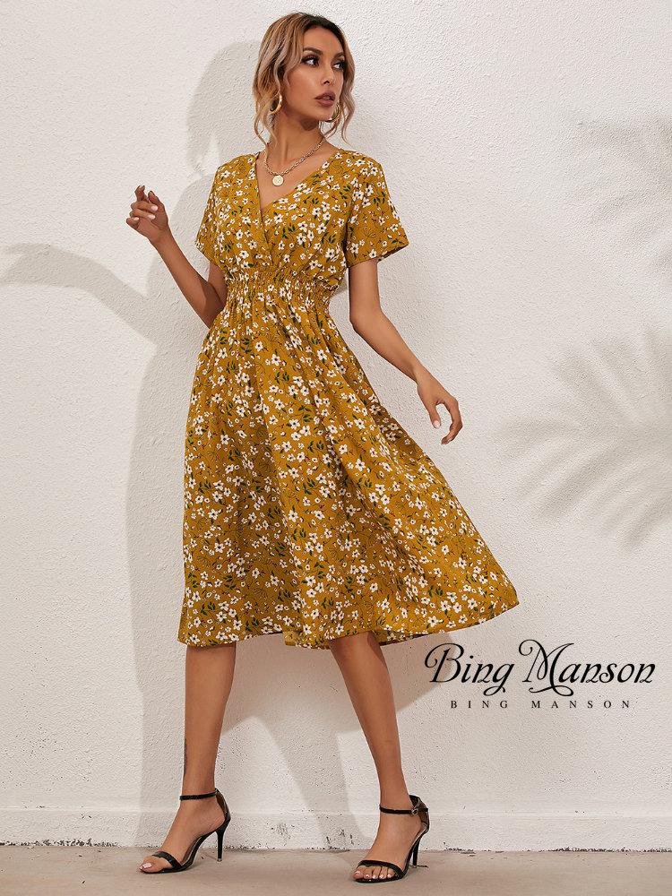 

Casual Dresses Chiffon Dress Summer 2023 Retro Yellow Red Floral Print Female V-neck Short-sleeved A-line Beach Long Robe, 9894red