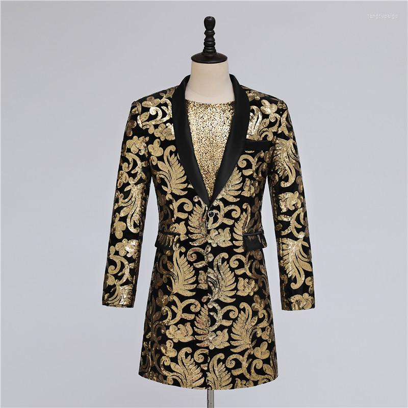 

Men's Suits Men Suit Coats Young Slim Host Long Black And Gold Sequined Magician Nightclub Dj Chinese Style Male Singer Stage Costume, Black gold