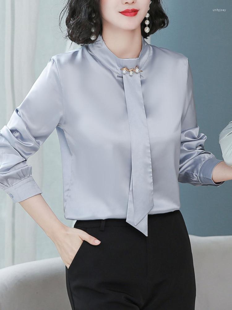 

Women's Blouses Fashion Woman 2023 Autumn Female Clothing Pearl Buckle Tie Women's Blouse Satin Office Lady Tops Basic Shirts For Women, Grey