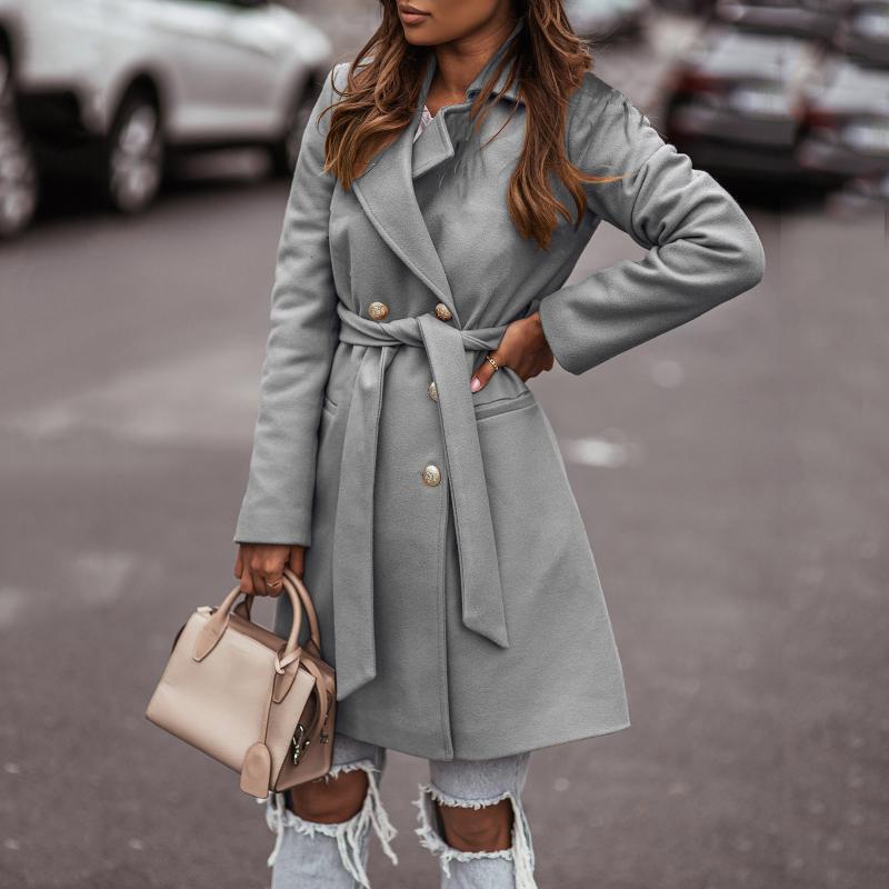 

Women' Wool & Blends Elegant Faux Thin Coat Trench Simple Jacket Suit Trend Collar Double-Breasted Long-Sleeve Belt Woollen, Kh