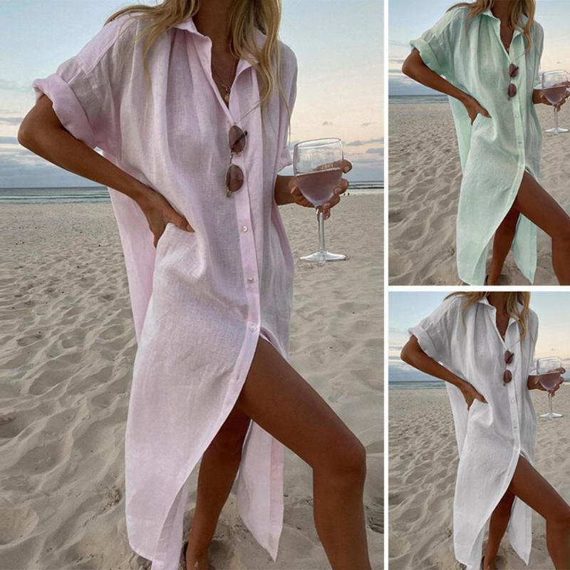 

Casual Dresses Cotton Linen Long Dress For Women 2023 Summer Pure Color Short Sleeve Shirt Beach Female Clothing Y2K Vestido Robe, White
