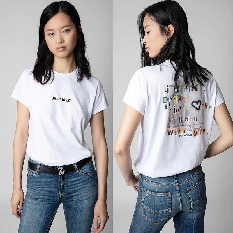 

2023ss Zv Letter Women Designer Tees Ink Digital Print Letter T-shirt Zadig Love Hot Drill Short Sleeve T-shirt, White2