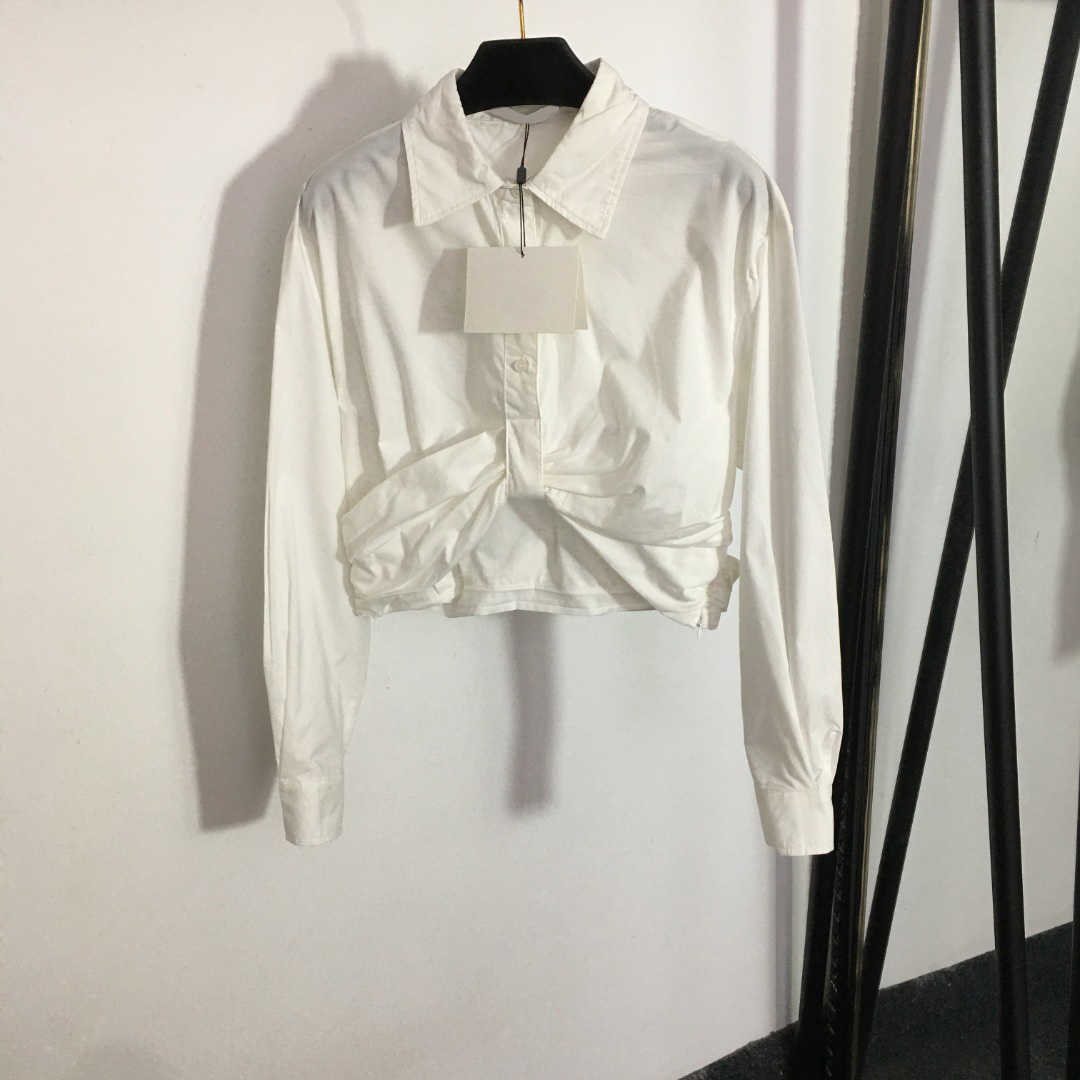 

23ss high neck blouse shirt designer women Long sleeved Shirt Pleated Waist Tucked Short Style Crop Long Sleeve Shirt High quality women Clothes