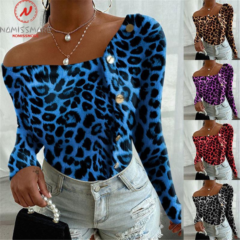 

Women's T Shirts Sexy Women Leopard Print T-Shirts Irregular Design Button Decor Asymmetrical Long Sleeve Sping Autumn Slim Pullovers Top, Purple