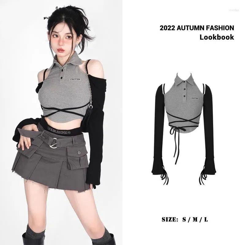 

Women' Sweaters 2023 All Design Show The Chest Waist Belt Black Ashes Splicing Polo Took Off-the-shoulder Two Long-sleeved Sweater, A1