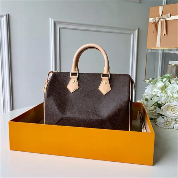 

2023 High quality oxidize cowhide speedy 25 30 35cm Hot Sell Fashion bag women bag Shoulder Bags Lady Totes handbags 3 colors hasnot long strap, Brown flower25cm
