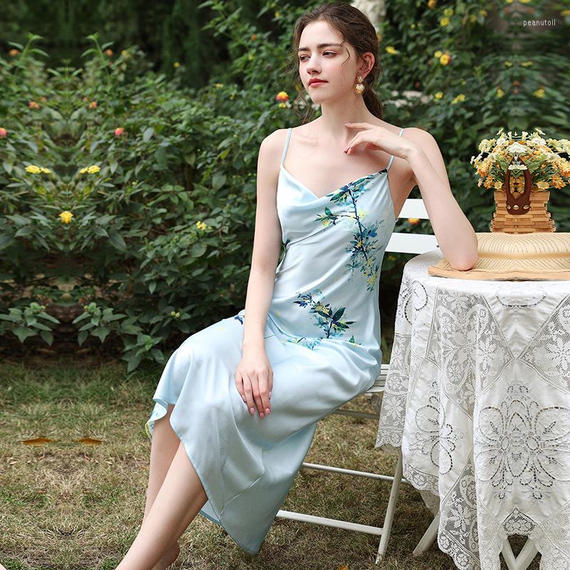 

Women's Sleepwear Floral Print Spaghetti Strap Nightgown Ladies Ice Silk Sexy Intimate Spring Summer Retro Nightwear, Light yellow
