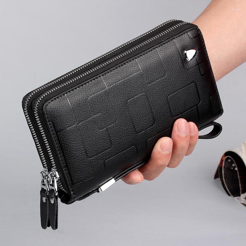 

Wallets Business Men's Genuine Leather Clutch Multi-functional Long Double Zipper Purses Male Simple Handy Bag Money, Black