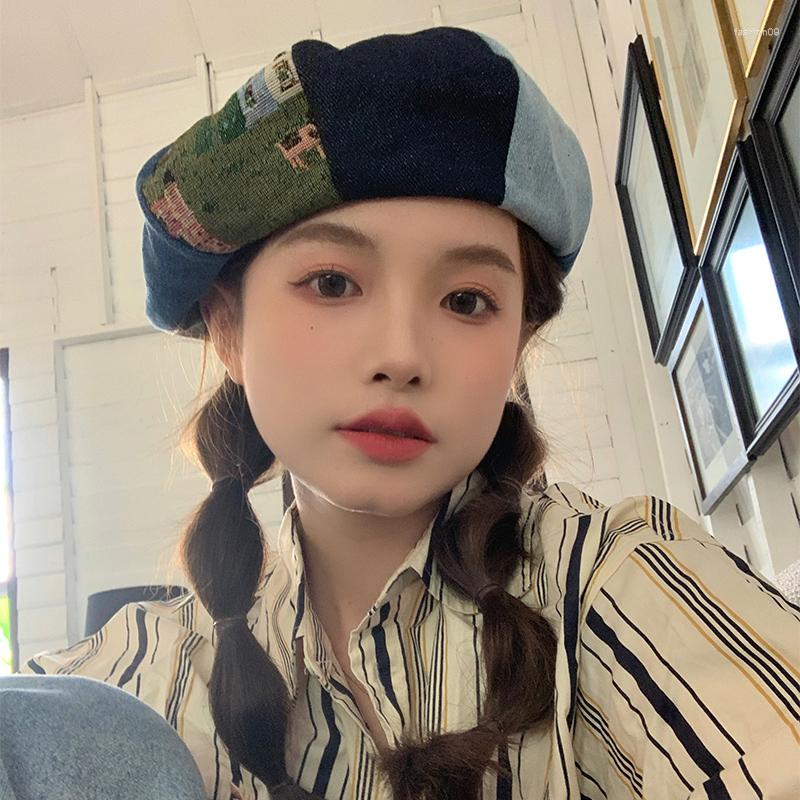 

Berets Contrasting Colors Japanese Clouds For Women 2023 Niche Oil Painting Big Head Denim Designer Beret Hats Gorras