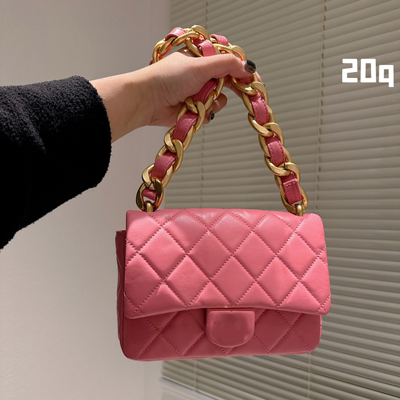 

Women Designer Thick Chain Shoulder Bags Lambskin Classic Mini Flap Quilted Diamond Lattice Underarm Purse Gold Metal Hardware Turn Lock Handbag 20CM, Box