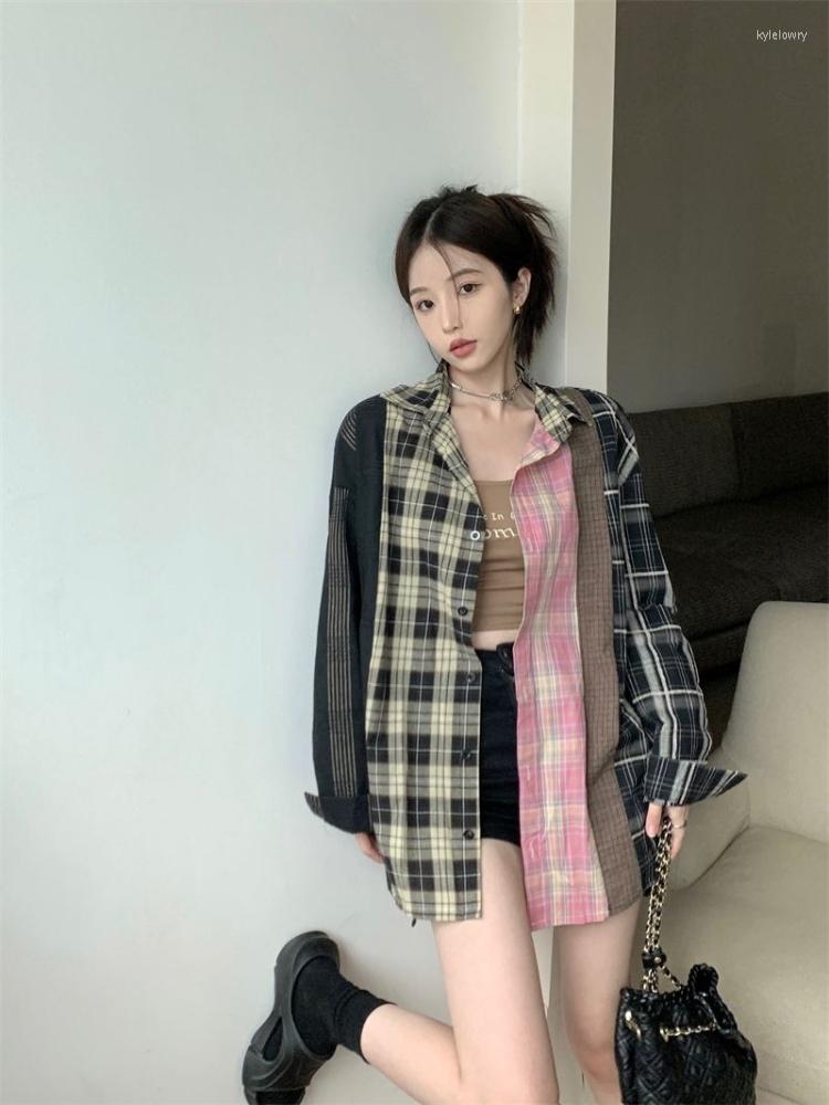 

Women's Blouses HOUZHOU Casual Oversized Shirt Women Vintage Plaid Patchwork Korean Fashion Long Sleeve Blouse Harajuku Streetwear 2023, Pic